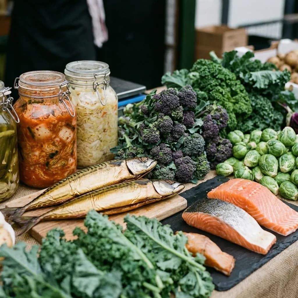 Nutritious food variety including fatty fish and vegetables