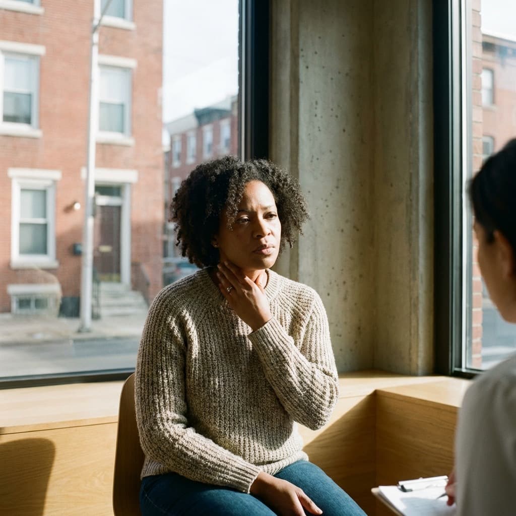 Thoughtful patient touching neck during thyroid consultation